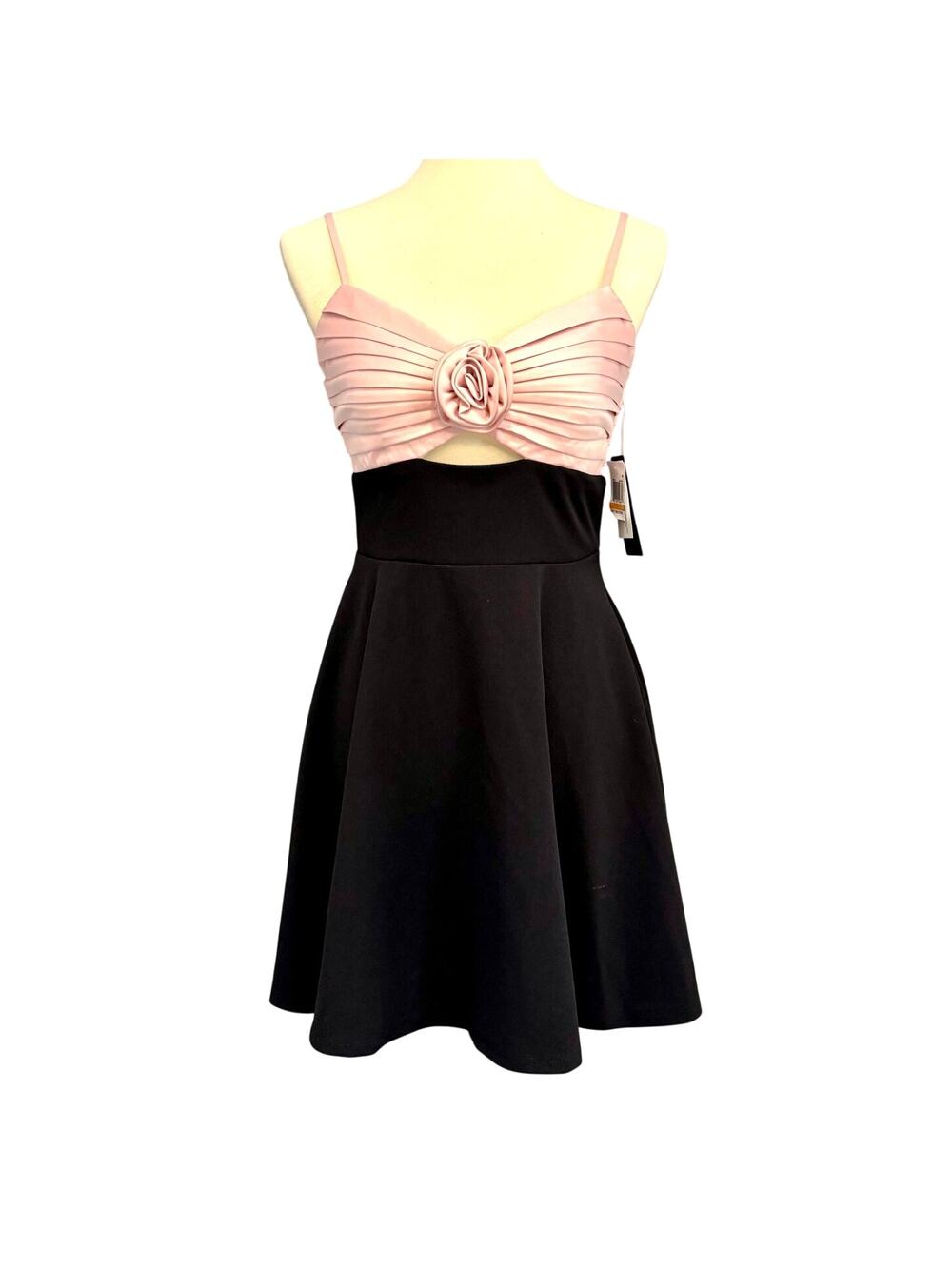 NWT VTG Cutout Fit & Flare Mini Dress Pink Black Rosette Ruched Bandeau , 7/8